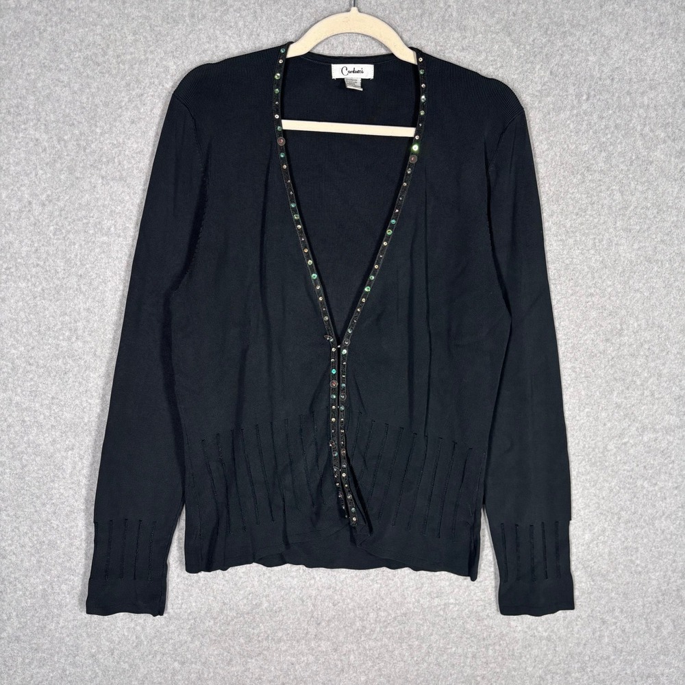 Vintage Carducci Embellished Cardigan XL Black Sequin beaded Slinky Liquid Knit‎